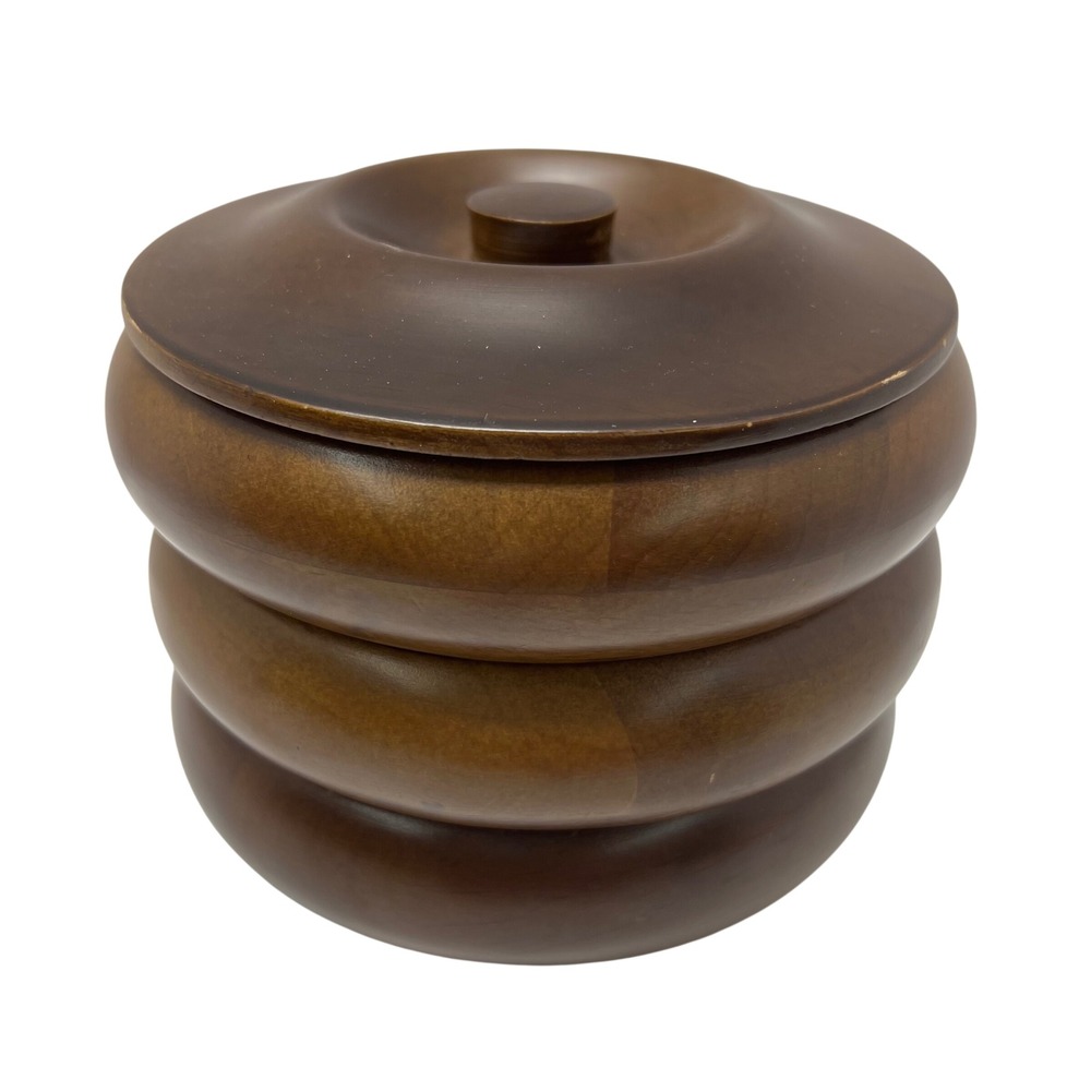 Hellerware 3 Piece Turned Stacking Wood With Lid MCM‎ Ribbed Beehive Nesting VTG
